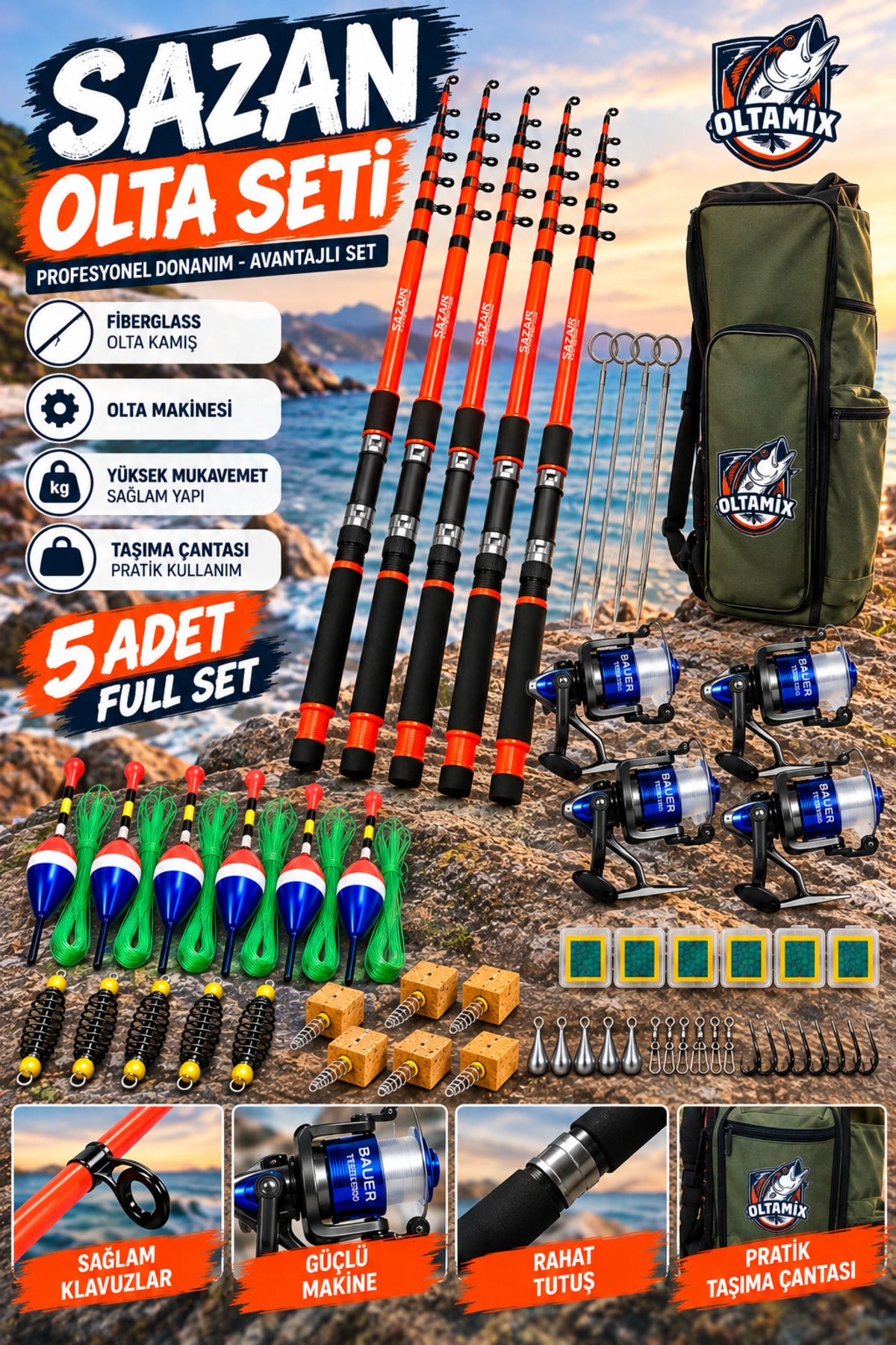 5'li Profesyonel Sazan Olta Seti - Çantalı ve Full Donanımlı Avantajlı Takım 1