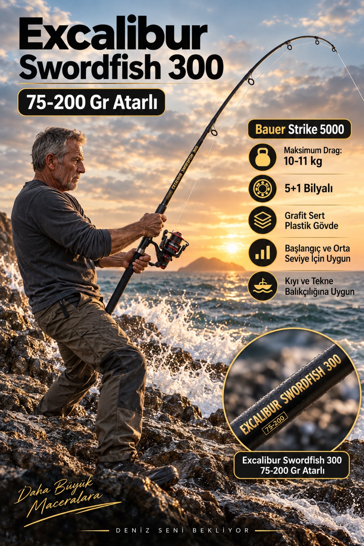Excalibur Swordfish 300 cm (75-200 gr atarlı) teleskobik olta kamışı, 1