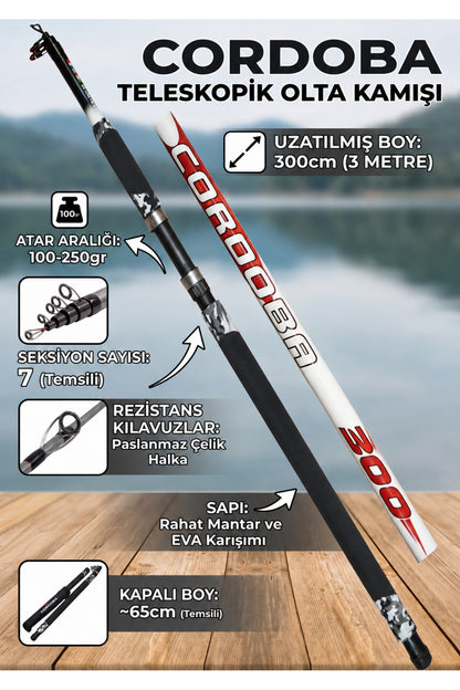 Cordoba 3 Metre Teleskopik Olta Seti 100-250 Gr Atarlı 6000’lik 5 Bilyeli Makineli Full Takım 4