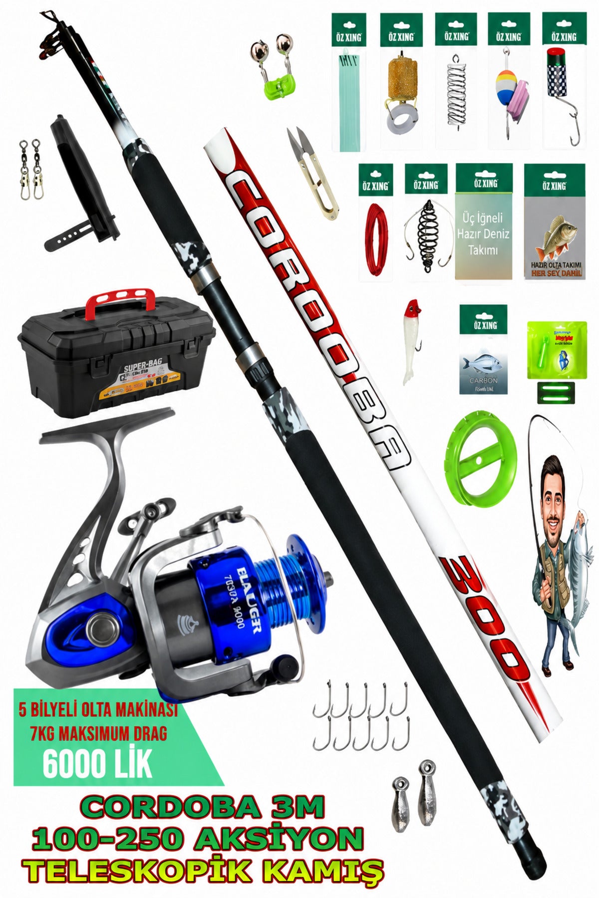 Cordoba 3 Metre Teleskopik Olta Seti 100-250 Gr Atarlı 6000’lik 5 Bilyeli Makineli Full Takım 2