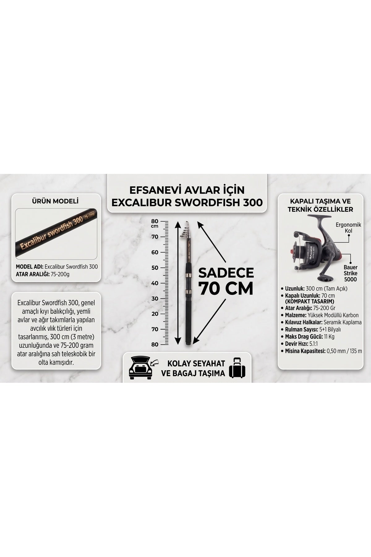 Excalibur Swordfish 300 cm (75-200 gr atarlı) teleskobik olta kamışı, 5