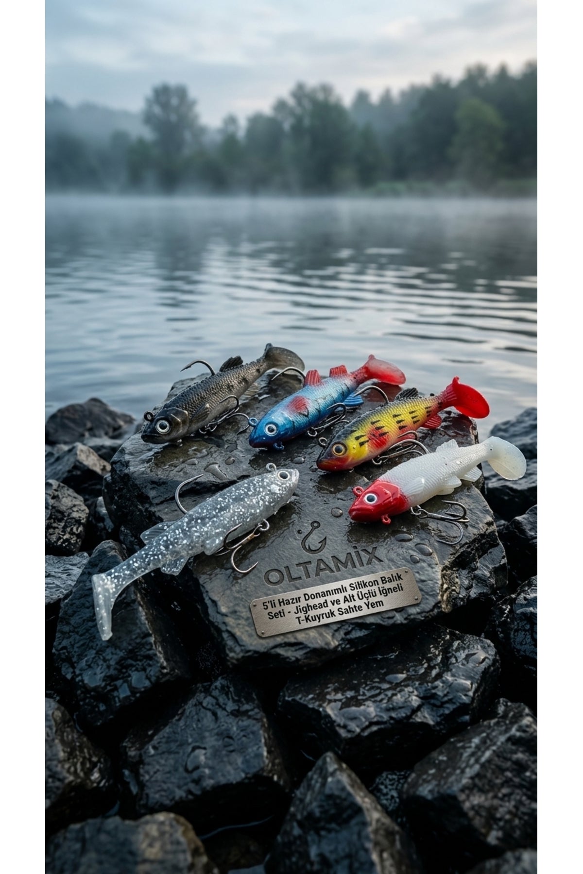 5'li Hazır Donanımlı Silikon Balık Seti - Jighead ve Alt Üçlü İğneli T-Kuyruk Sahte Yem 2