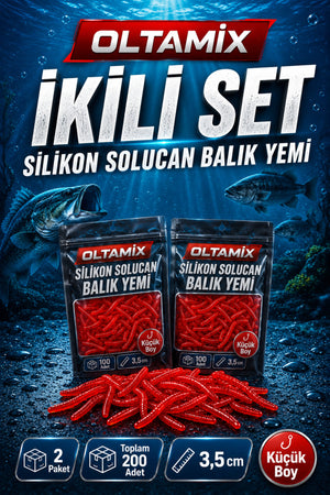 2 Paket Silikon Solucan Balık Yemi 200 Adet 3,5 cm Kırmızı Küçük Boy Yem