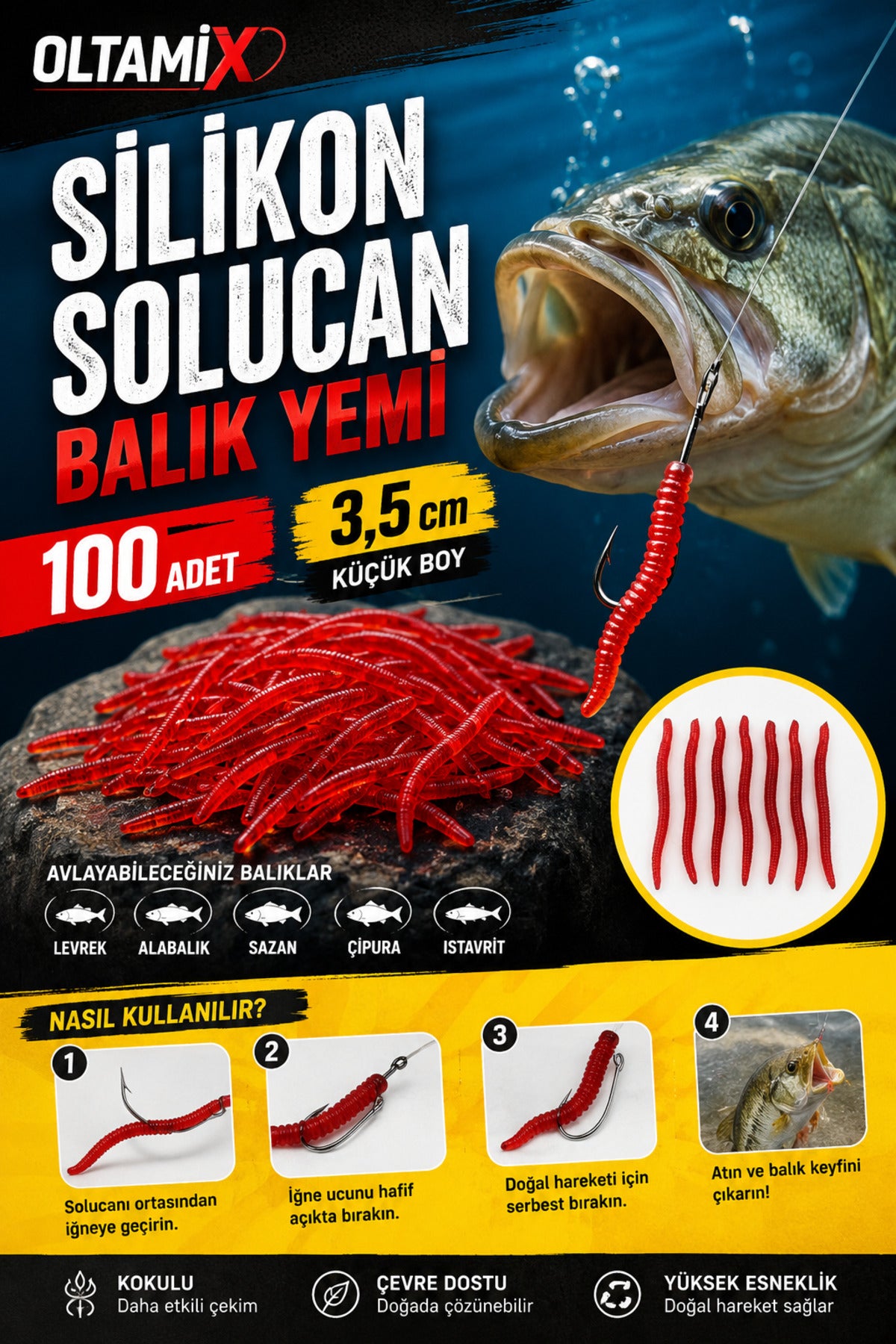 2 Paket Silikon Solucan Balık Yemi 200 Adet 3,5 cm Kırmızı Küçük Boy Yem 2