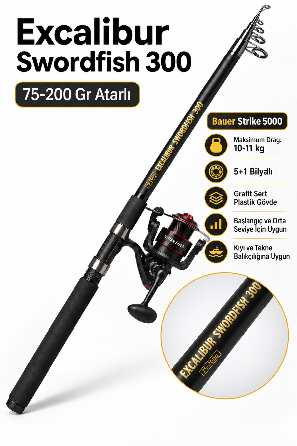 Excalibur Swordfish 300 cm (75-200 gr atarlı) teleskobik olta kamışı, 4